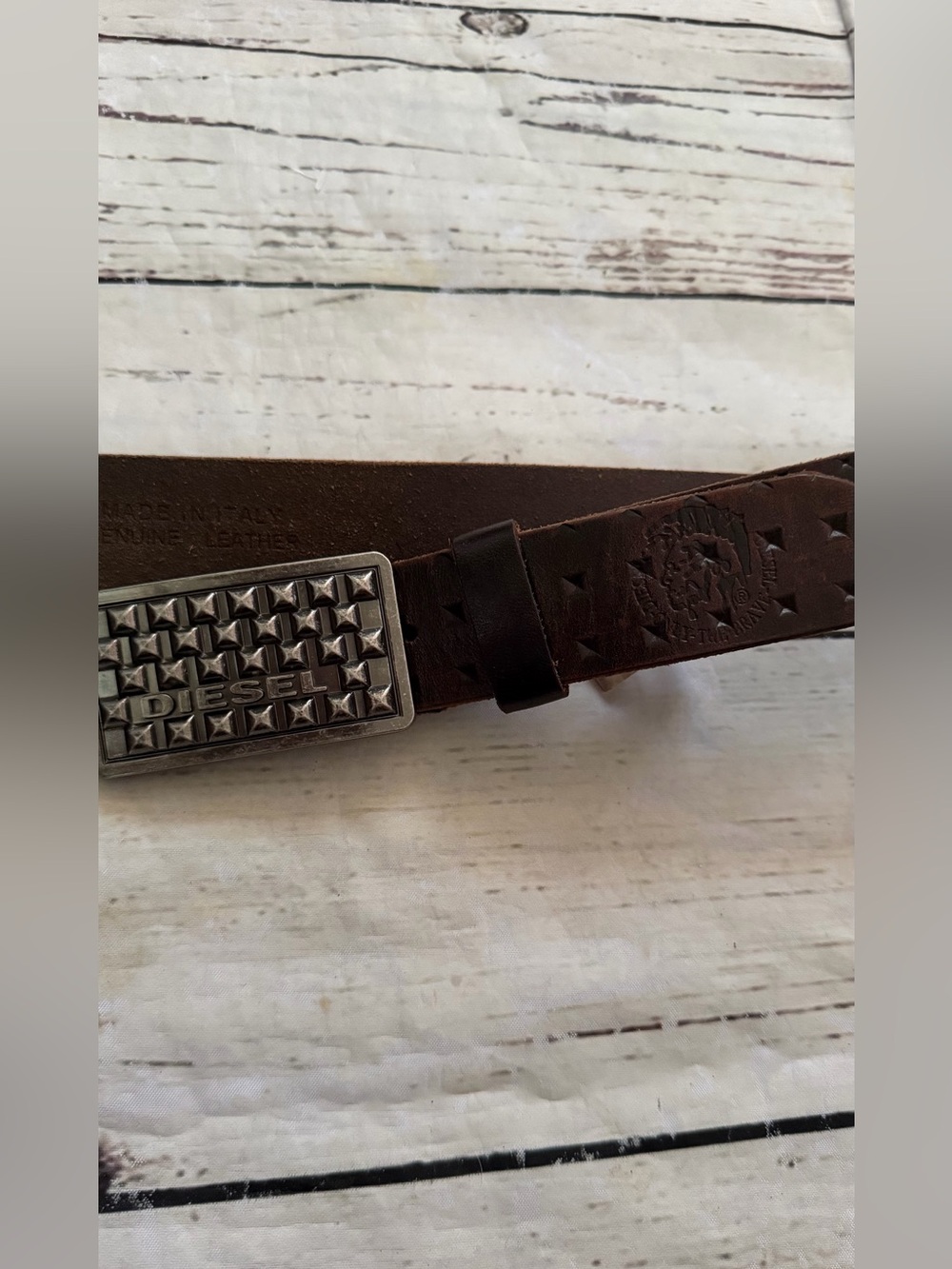 Diesel Brown Leather Belt with Studded Silver Buckle
